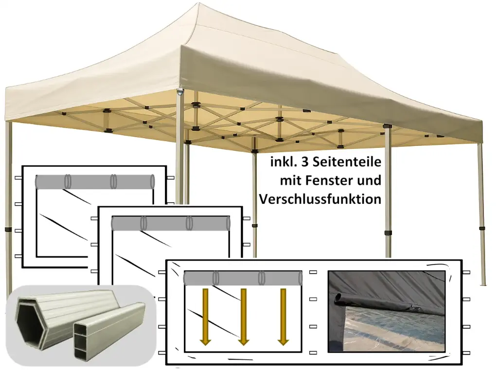 3x6m PROFI-ZELTE Faltpavillon Alurahmen Hexagon 50mm, 100% wasserdicht